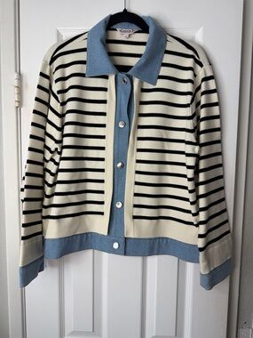 Nanette Lepore Cream & Black Striped Cardigan with Light Blue Collar
